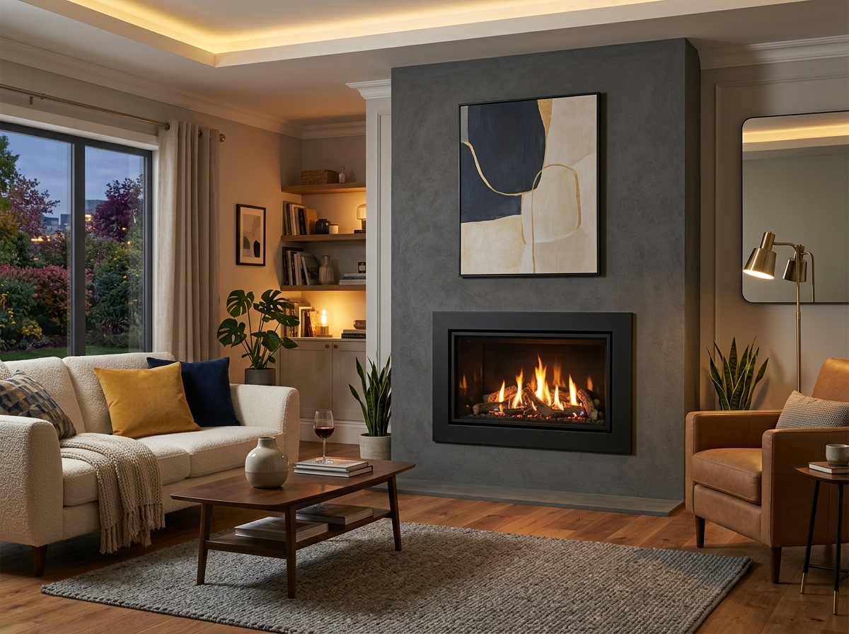Contemporary real-flame inset gas fireplace
